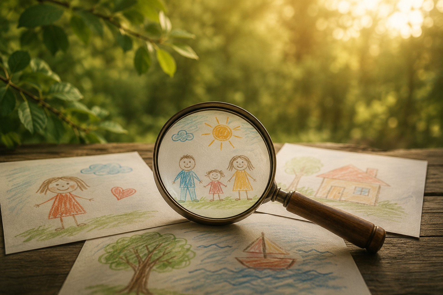 Lupa sobre dibujos infantiles en un entorno natural que simboliza la valoración clínica individualizada y la comprensión de la realidad familiar.