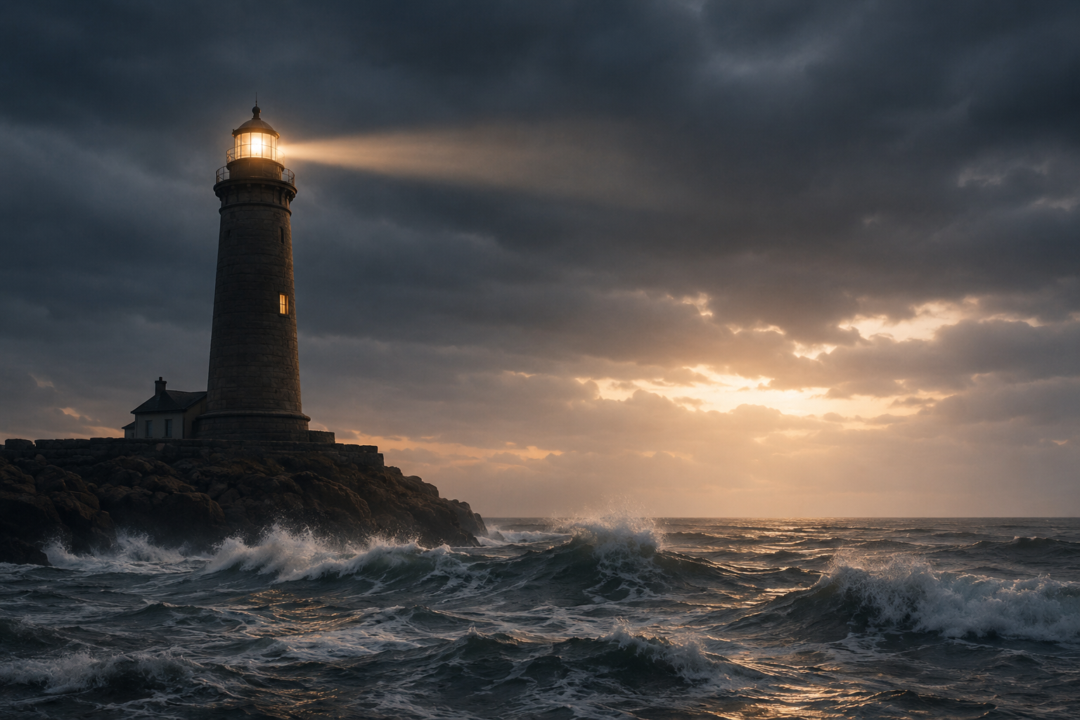 Recuperar la estabilidad en la crianza | Método Dolce® Un faro permanece firme mientras ilumina un mar con oleaje, representando la estabilidad del adulto referente dentro del Método Dolce®.