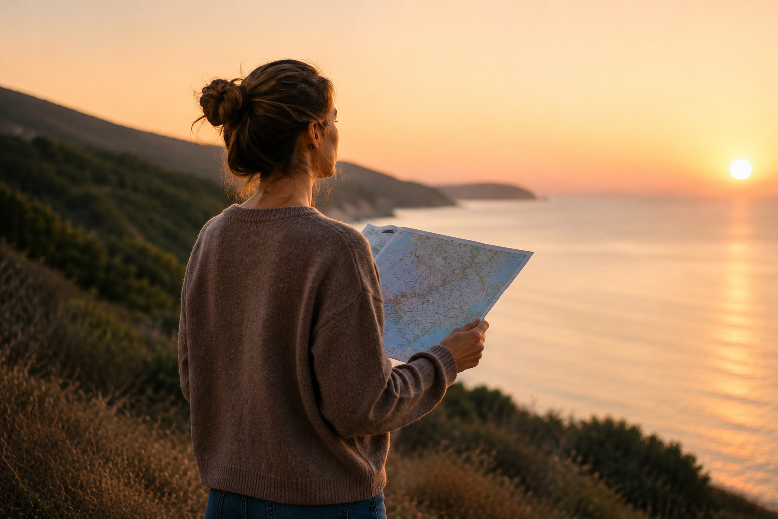 Recuperar la dirección en la crianza | Método Dolce® Madre contemplando el horizonte mientras sostiene un mapa al atardecer, representando la búsqueda de dirección y coherencia en la crianza según el Método Dolce®.