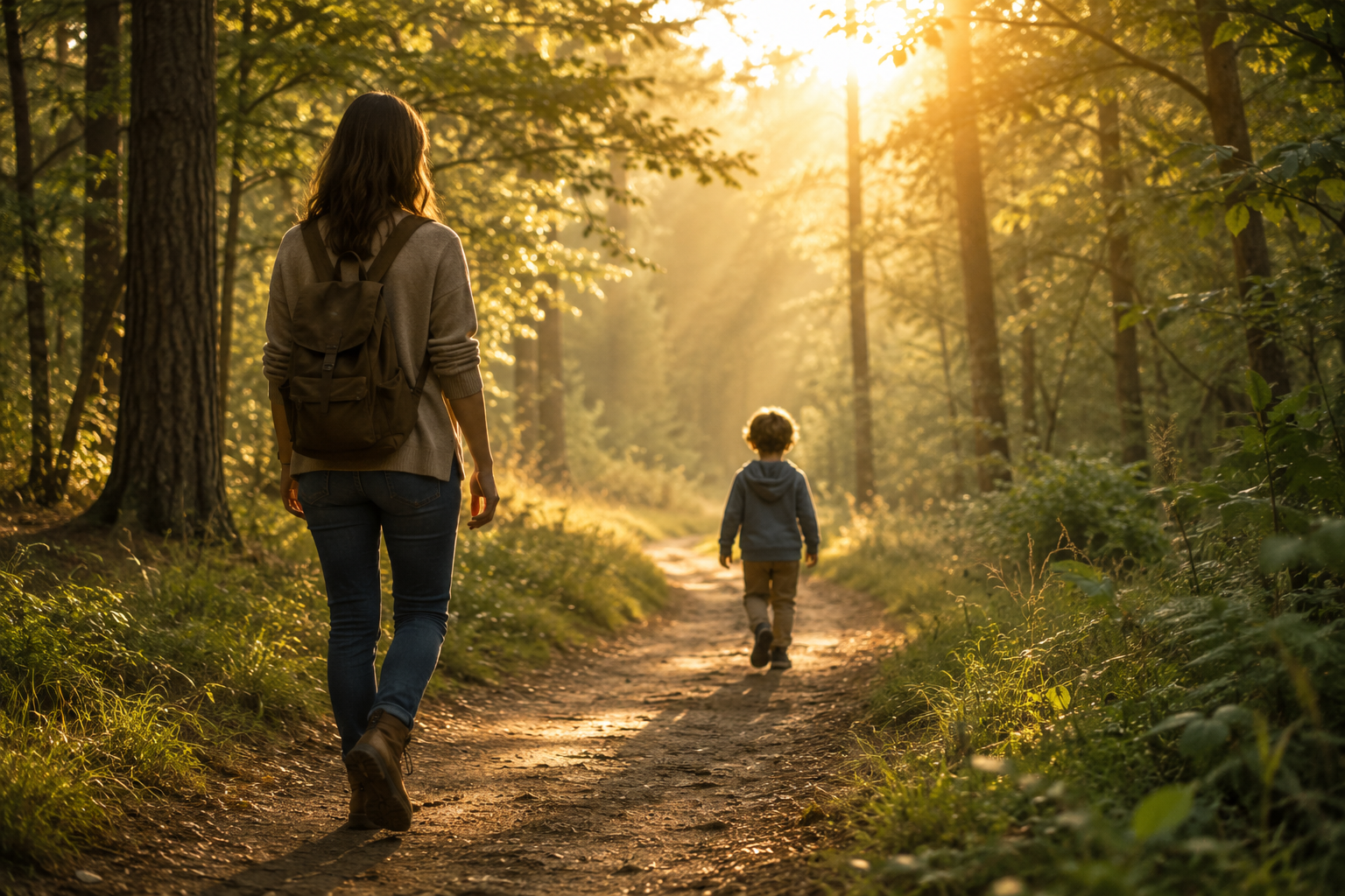 Madre caminando por un sendero del bosque mientras un niño explora unos metros por delante, símbolo del adulto referente en el Método Dolce®.