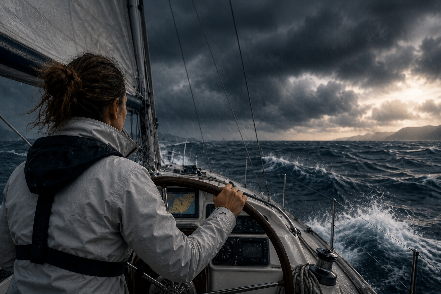 Persona sujetando el timón de un velero durante una tormenta, símbolo de la regulación emocional en el Método Dolce®.