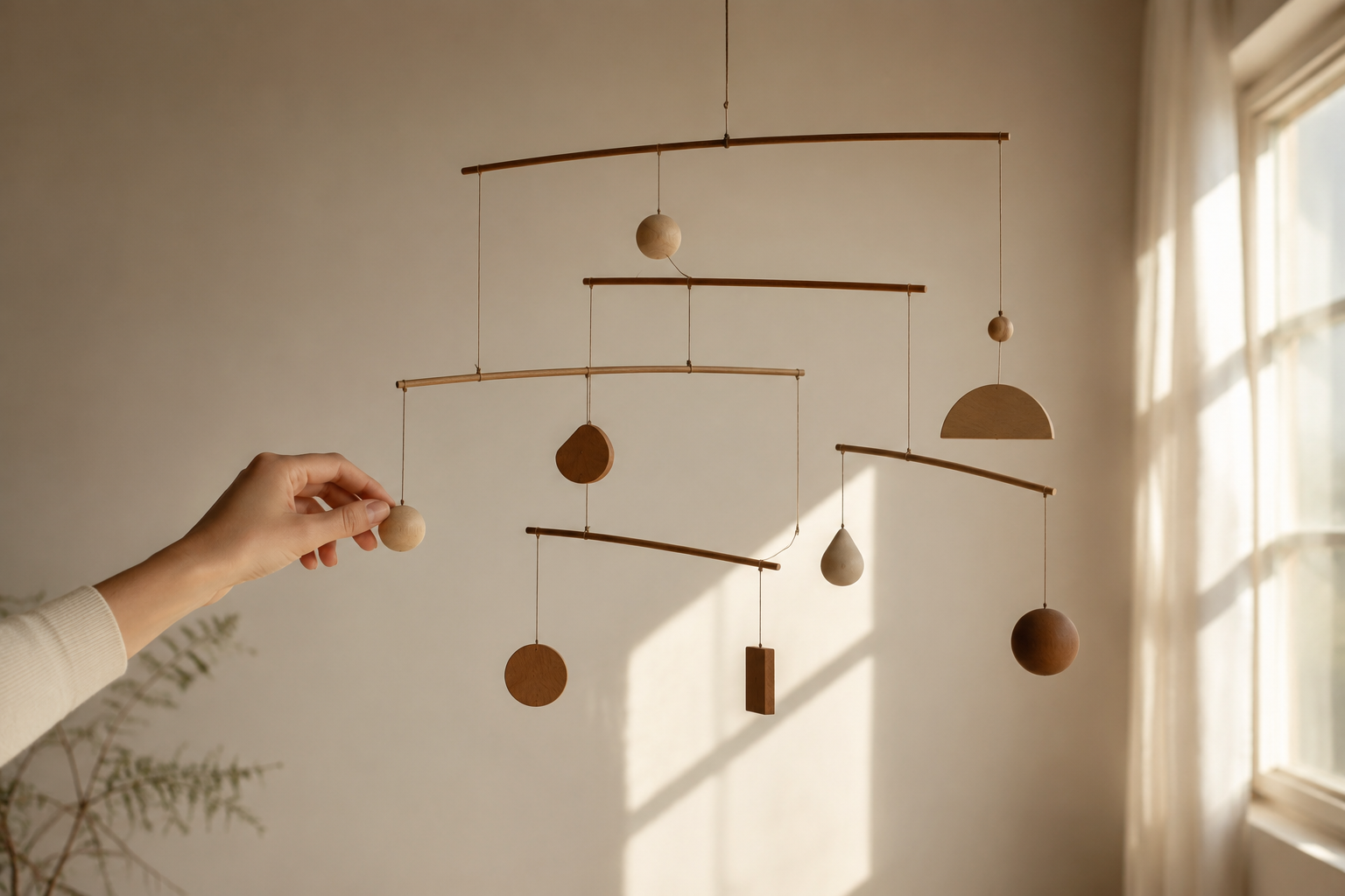 Sistema familiar | Método Dolce® Móvil artesanal de madera en equilibrio mientras una mano mueve una de sus piezas, símbolo del sistema familiar en el Método Dolce®.