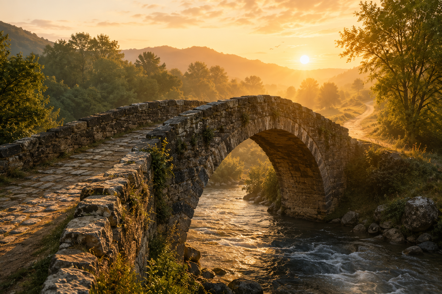 Método Dolce® | Un camino para transformar la convivencia familiar Puente de piedra sobre un río al amanecer, símbolo del camino de transformación que propone el Método Dolce®.