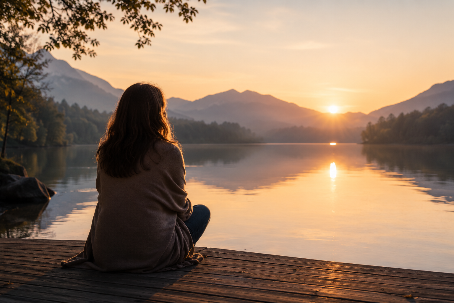 ¿Por qué siento que ya no puedo más? | Comprender lo que está ocurriendo Mujer sentada de espaldas contemplando un lago al amanecer, símbolo de la pausa necesaria para comprender lo que está ocurriendo cuando el agotamiento emocional se instala en la convivencia familiar.