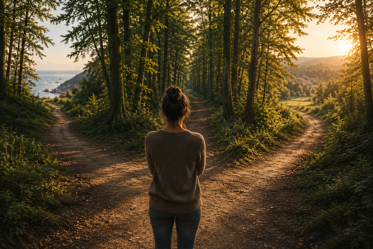 ¿Qué significa realmente estar desbordada? | Psicología Dolce Mujer de espaldas contemplando varios senderos que se abren en un bosque iluminado por la luz del amanecer. La imagen simboliza la sensación de desbordamiento y la necesidad de detenerse para recuperar claridad y dirección.