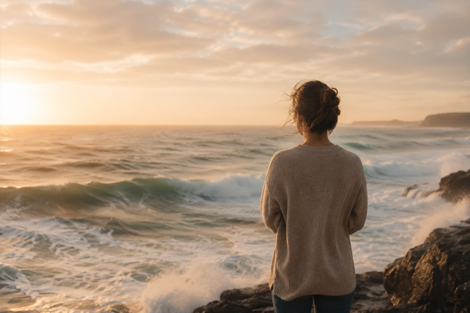 ¿Por qué reacciono como no quería? | Psicología Dolce Mujer de espaldas contemplando el mar mientras las olas rompen contra la costa al amanecer. La imagen simboliza la regulación emocional y la diferencia entre reaccionar desde el desbordamiento o desde la estabilidad.