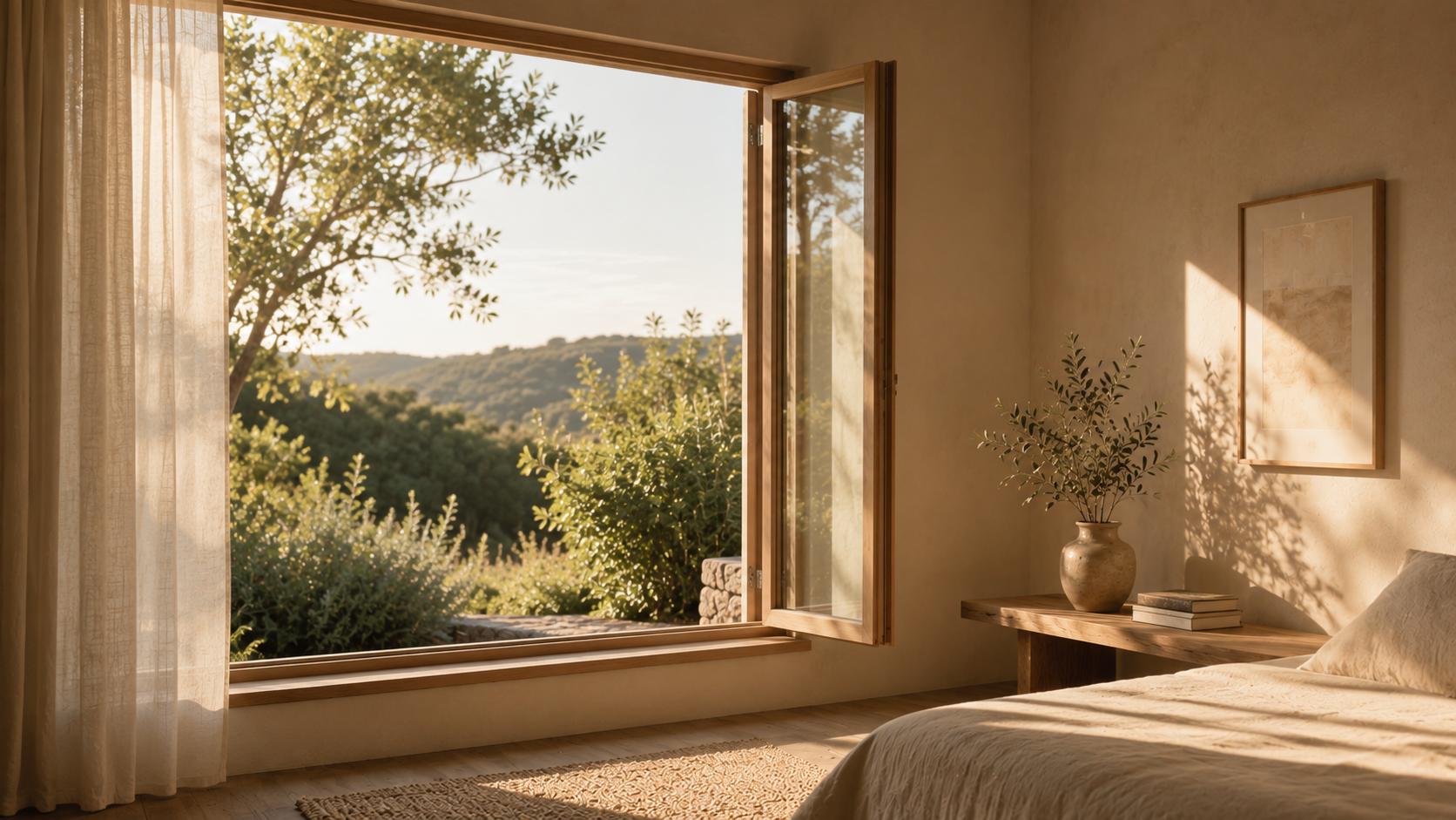 Ventana abierta de una casa cálida y minimalista con una cortina de lino movida por una suave brisa, símbolo de la tranquilidad y la estabilidad recuperadas en la convivencia familiar.