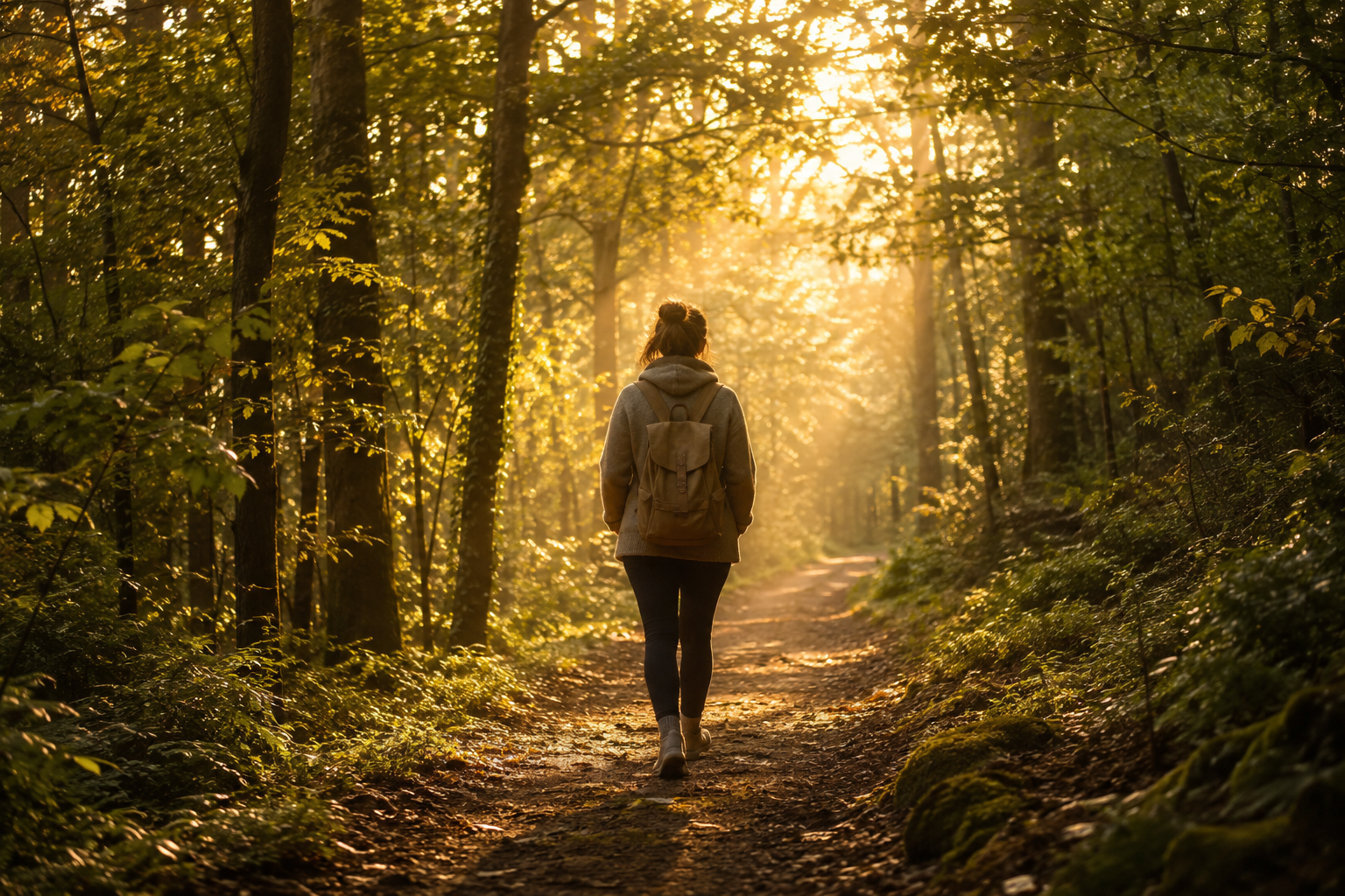 Persona caminando de espaldas por un sendero de bosque iluminado, símbolo del proceso de recuperar la estabilidad emocional y la dirección en la crianza.