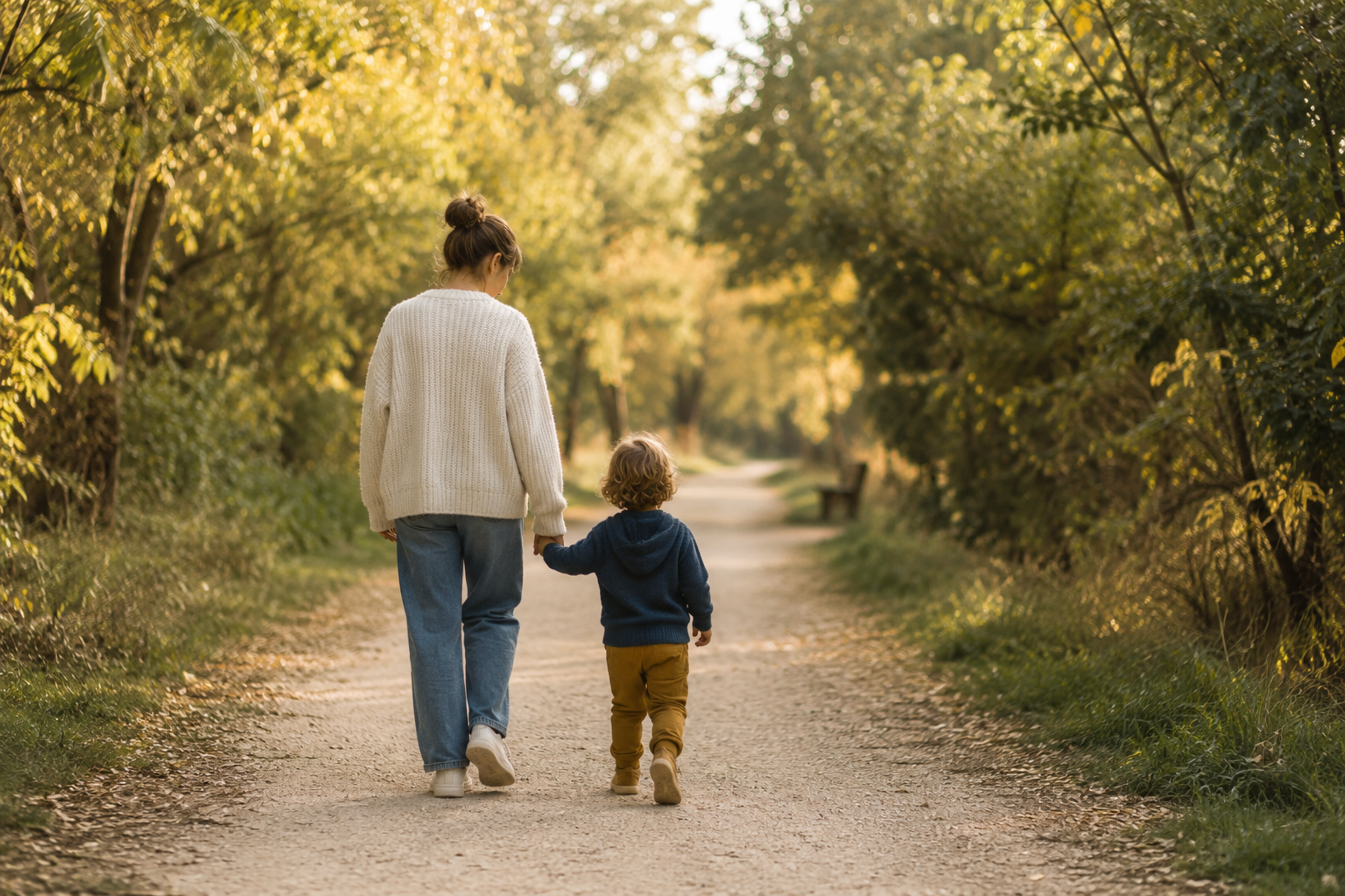 Madre caminando con su hijo: el cambio puede empezar aunque tu pareja no participe Madre caminando de la mano con su hijo, representando que el cambio familiar puede comenzar cuando un solo adulto decide recuperar la estabilidad.