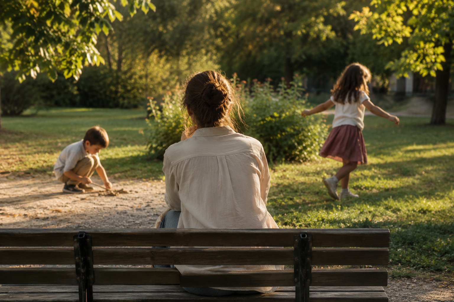 Madre acompañando a dos hijos con necesidades diferentes | Método Dolce® Madre observando con serenidad a sus dos hijos mientras juegan de formas diferentes, representando la importancia de acompañar la diversidad desde un mismo adulto referente.