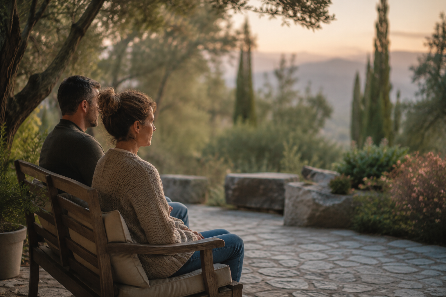 Una pareja sentada en un entorno natural contempla el paisaje en silencio, reflejando el cansancio y la esperanza contenida de volver a buscar ayuda para mejorar la convivencia familiar.