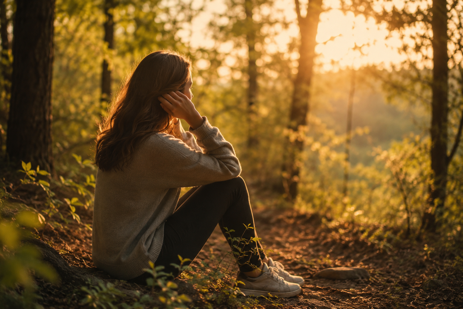 Mujer descansando en un bosque al atardecer, representando la regulación emocional y la alta sensibilidad en la crianza.