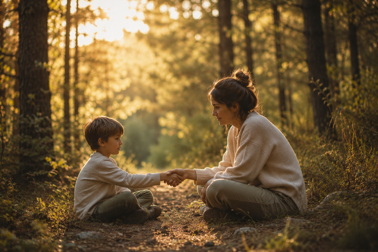 Acompañar una sensibilidad que necesita sentirse segura Madre y su hijo dándose la mano en un bosque, representando la conexión y el acompañamiento de un niño con alta sensibilidad.