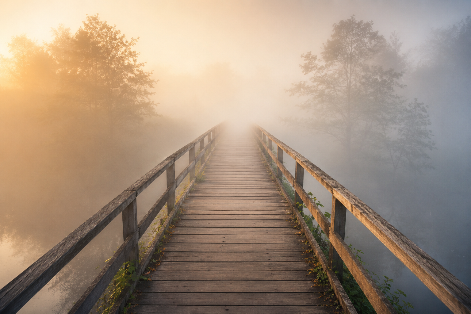El primer paso hacia la dirección adecuada Puente de madera que se adentra en la niebla, metáfora de la valoración previa del Método Dolce® para comprender las necesidades de una familia.