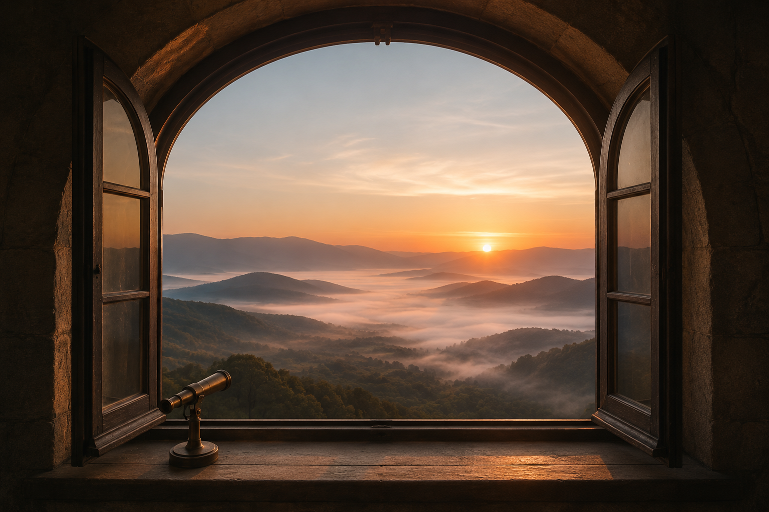 Ventana abierta hacia un paisaje entre la niebla al amanecer, metáfora de la sesión diagnóstica clínica como una nueva forma de comprender la realidad familiar.