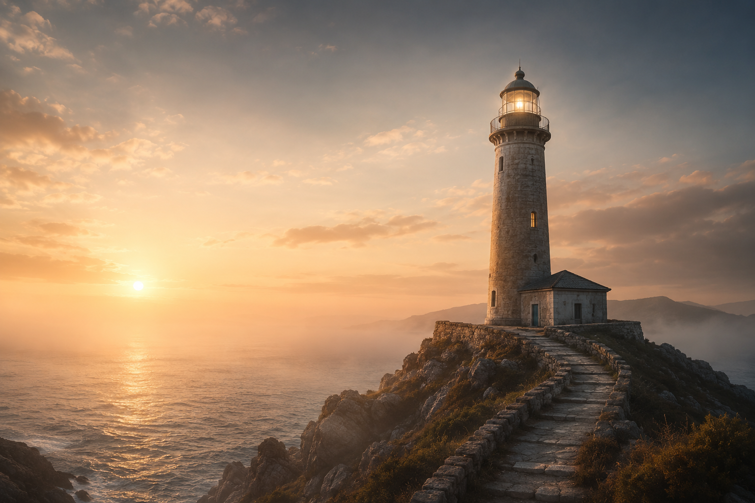 La estabilidad se construye paso a paso Faro de piedra iluminado al amanecer junto al mar, símbolo de estabilidad, dirección y acompañamiento durante el proceso terapéutico del Método Dolce®.
